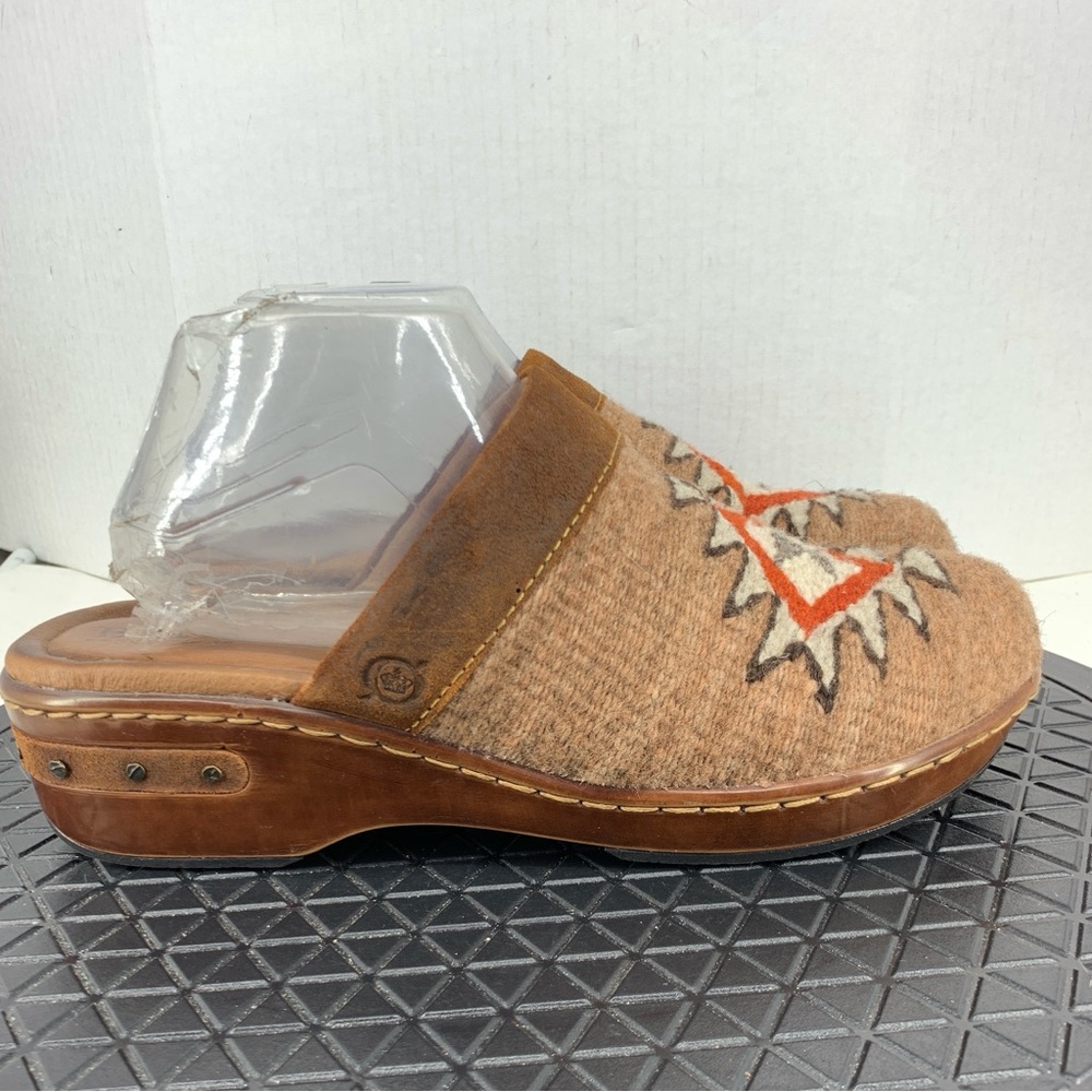 Born Women 42 Size 10 Shoes Brown Wool Aztec Clogs Leather Low Heel Slip On